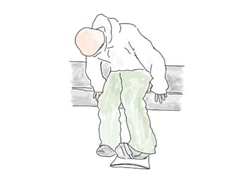 １　肩越しにリフトを確認しながら待つ