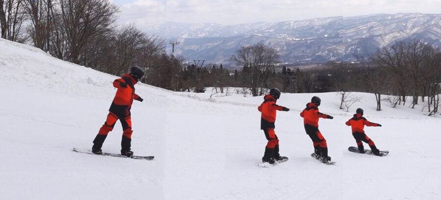 ノーズドロップ後に直滑降から停止する連続写真